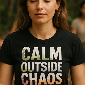 "Calm Outside Chaos Inside" black meditation tee shirts, photographed as gift for meditation lover