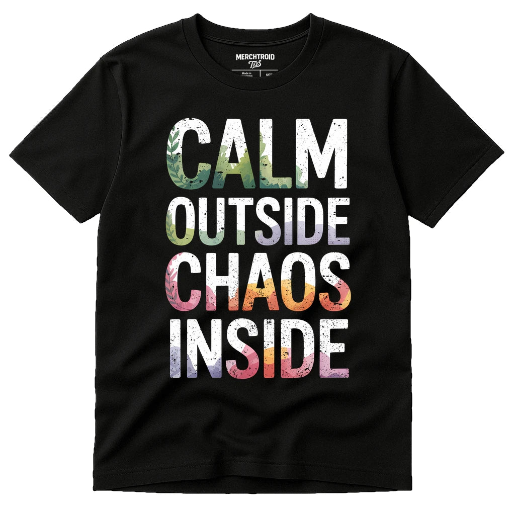Black Meditation Tee Shirts - "Calm Outside Chaos Inside" graphic tee with white print, flat lay product photo