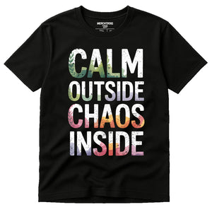 Black Meditation Tee Shirts - "Calm Outside Chaos Inside" graphic tee with white print, flat lay product photo
