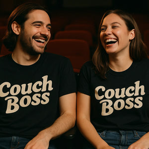 Person wearing the black graphic tee graphic tee - "Couch Boss" design