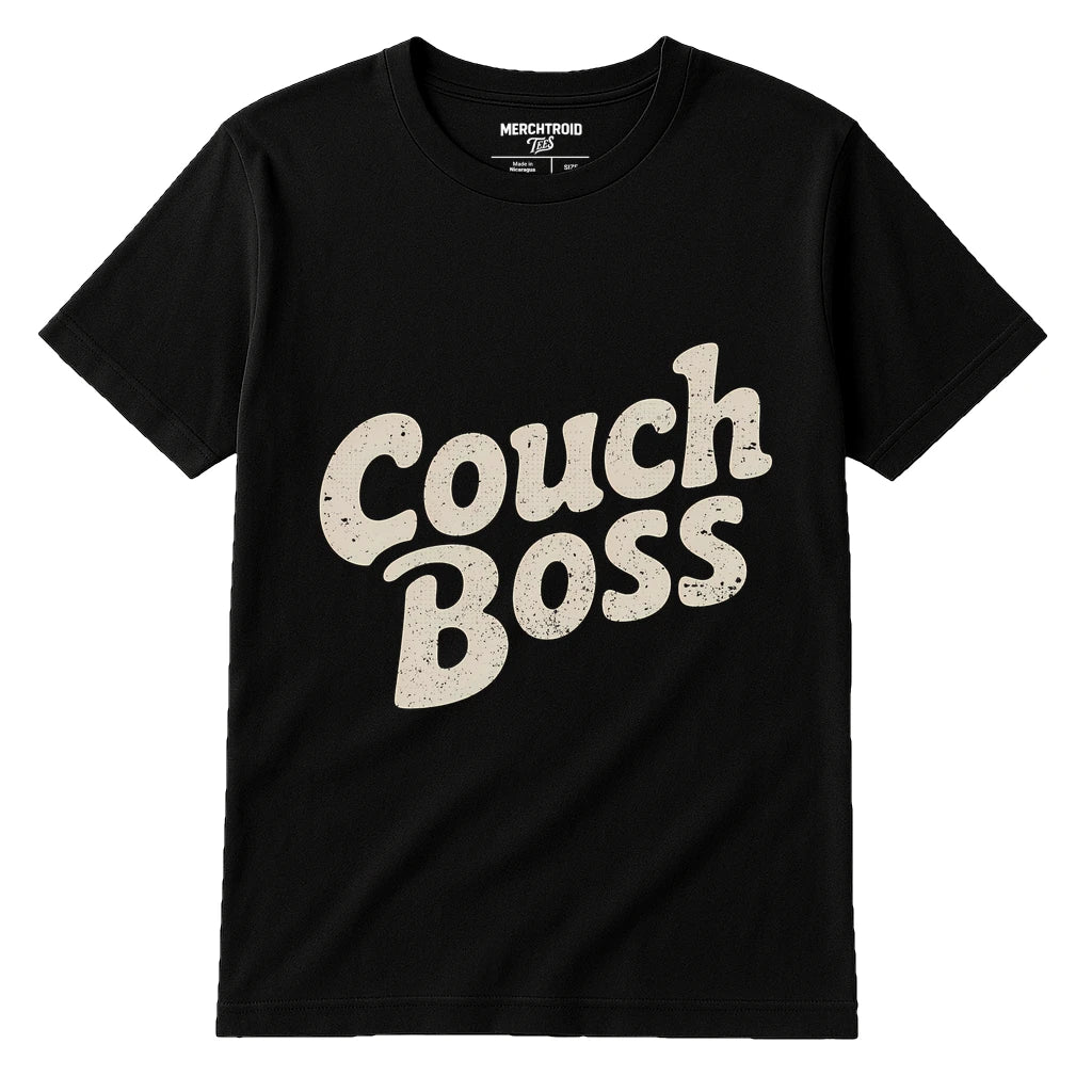 Black Graphic Tee - "Couch Boss" graphic tee with beige print, flat lay product photo