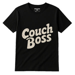 Black Graphic Tee - "Couch Boss" graphic tee with beige print, flat lay product photo