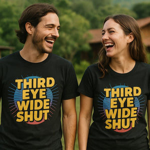 Person wearing the black t shirt meditation graphic tee - "Third Eye Wide Shut" design