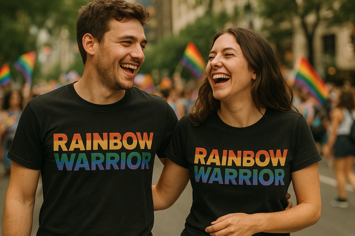 Person wearing the black lgbtq funny shirts graphic tee - "Rainbow Warrior" design