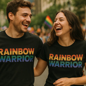Person wearing the black lgbtq funny shirts graphic tee - "Rainbow Warrior" design