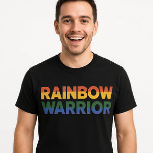 Close-up of the "Rainbow Warrior" dark gray print on a premium Bella+Canvas black lgbtq funny shirts