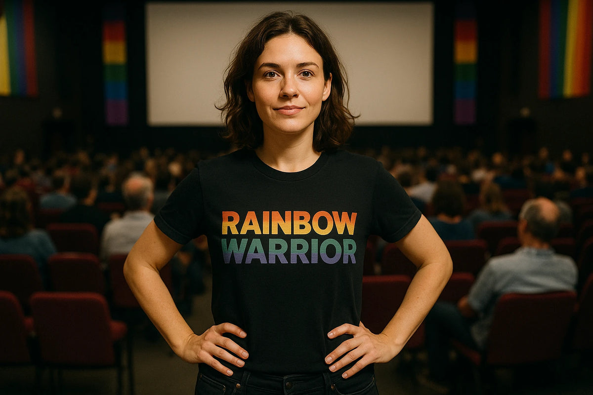 Lifestyle shot of the "Rainbow Warrior" black lgbtq funny shirts in a real-world setting