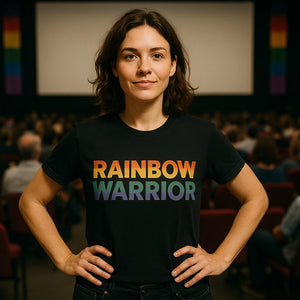 Lifestyle shot of the "Rainbow Warrior" black lgbtq funny shirts in a real-world setting