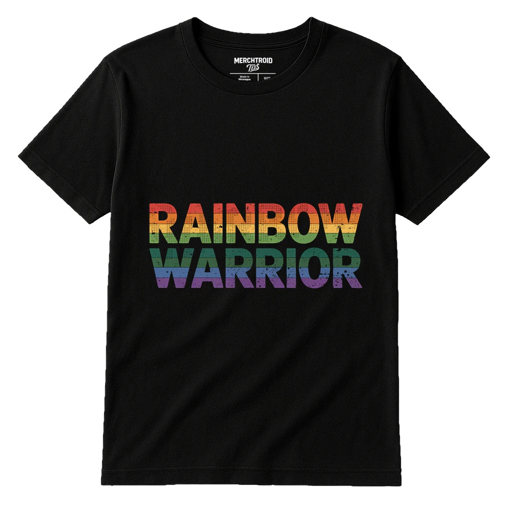 Black Lgbtq Funny Shirts - "Rainbow Warrior" graphic tee with dark gray print, flat lay product photo