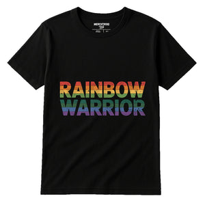 Black Lgbtq Funny Shirts - "Rainbow Warrior" graphic tee with dark gray print, flat lay product photo