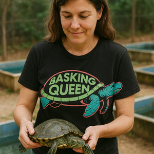 "Basking Queen" black turtle tee, photographed as unique gifts for turtle lovers