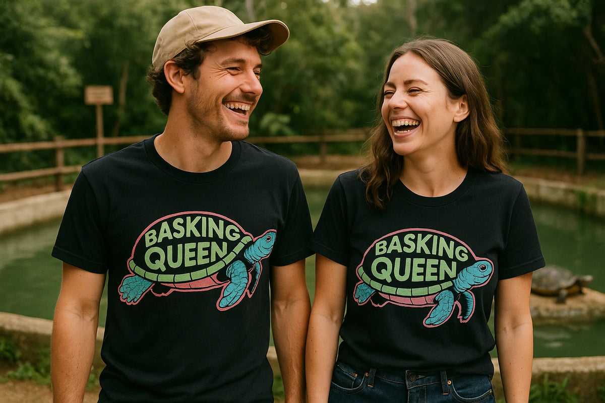 Person wearing the black turtle tee graphic tee - "Basking Queen" design