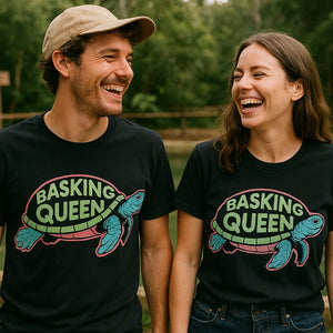 Person wearing the black turtle tee graphic tee - "Basking Queen" design