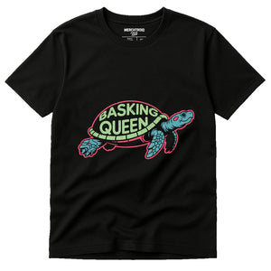 Black Turtle Tee - "Basking Queen" graphic tee with gray print, flat lay product photo