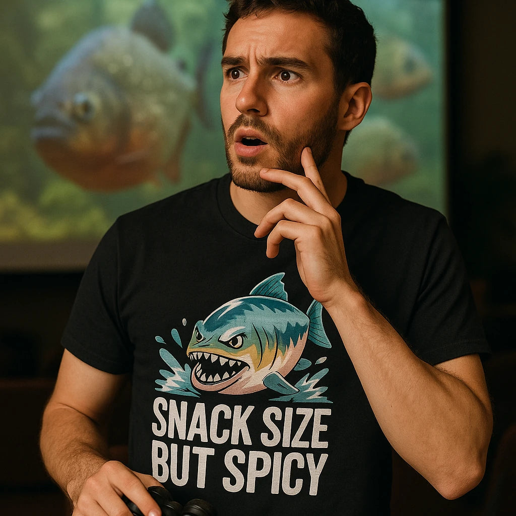 "Snack Size But Spicy" single piranha head t shirt - product photo 8