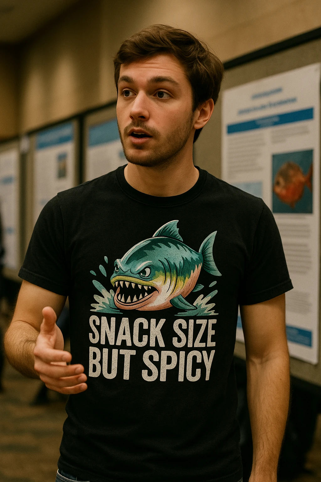 "Snack Size But Spicy" black single piranha head t shirt - a birthday gift for piranha lover