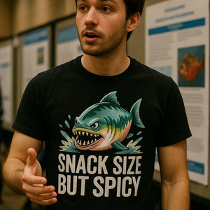 "Snack Size But Spicy" black single piranha head t shirt - a birthday gift for piranha lover