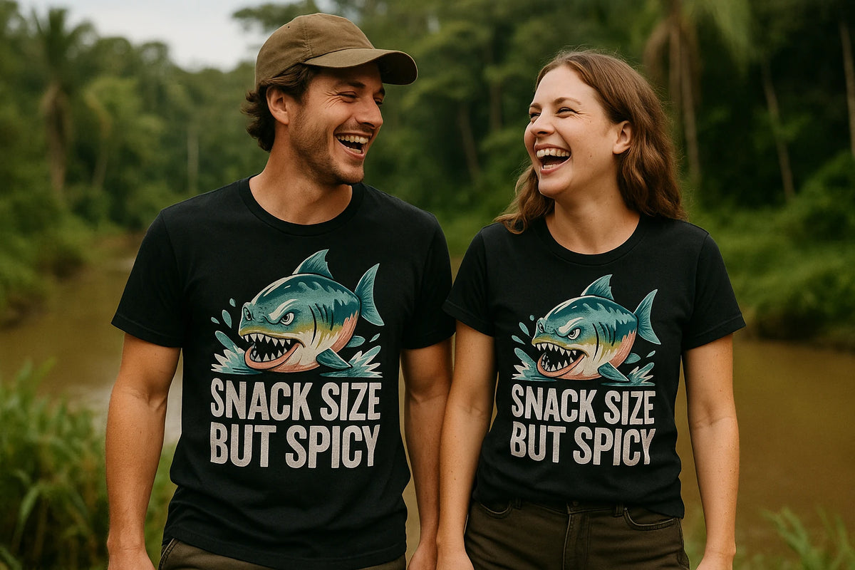 Person wearing the black single piranha head t shirt graphic tee - "Snack Size But Spicy" design