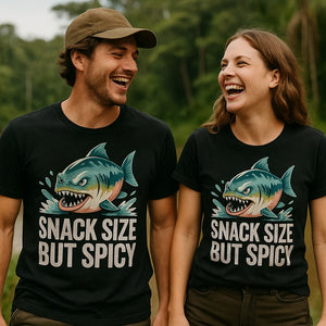 Person wearing the black single piranha head t shirt graphic tee - "Snack Size But Spicy" design
