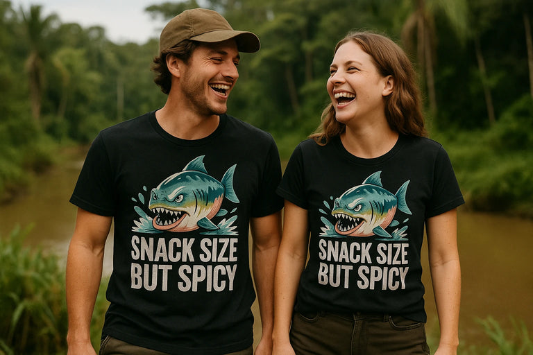 Person wearing the black single piranha head t shirt graphic tee - 