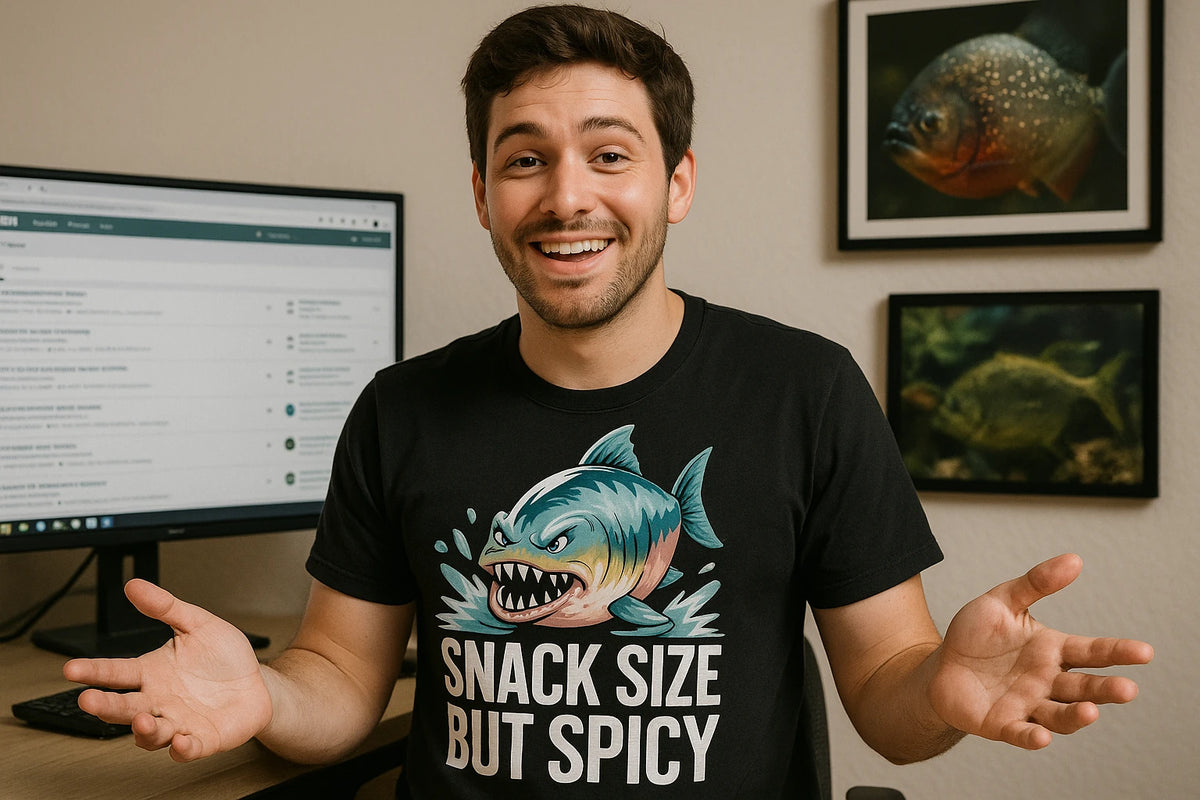 Lifestyle shot of the "Snack Size But Spicy" black single piranha head t shirt in a real-world setting