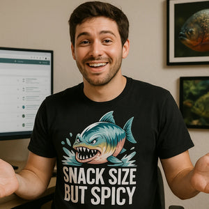 Lifestyle shot of the "Snack Size But Spicy" black single piranha head t shirt in a real-world setting