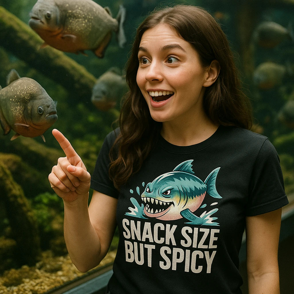"Snack Size But Spicy" single piranha head t shirt - product photo 9