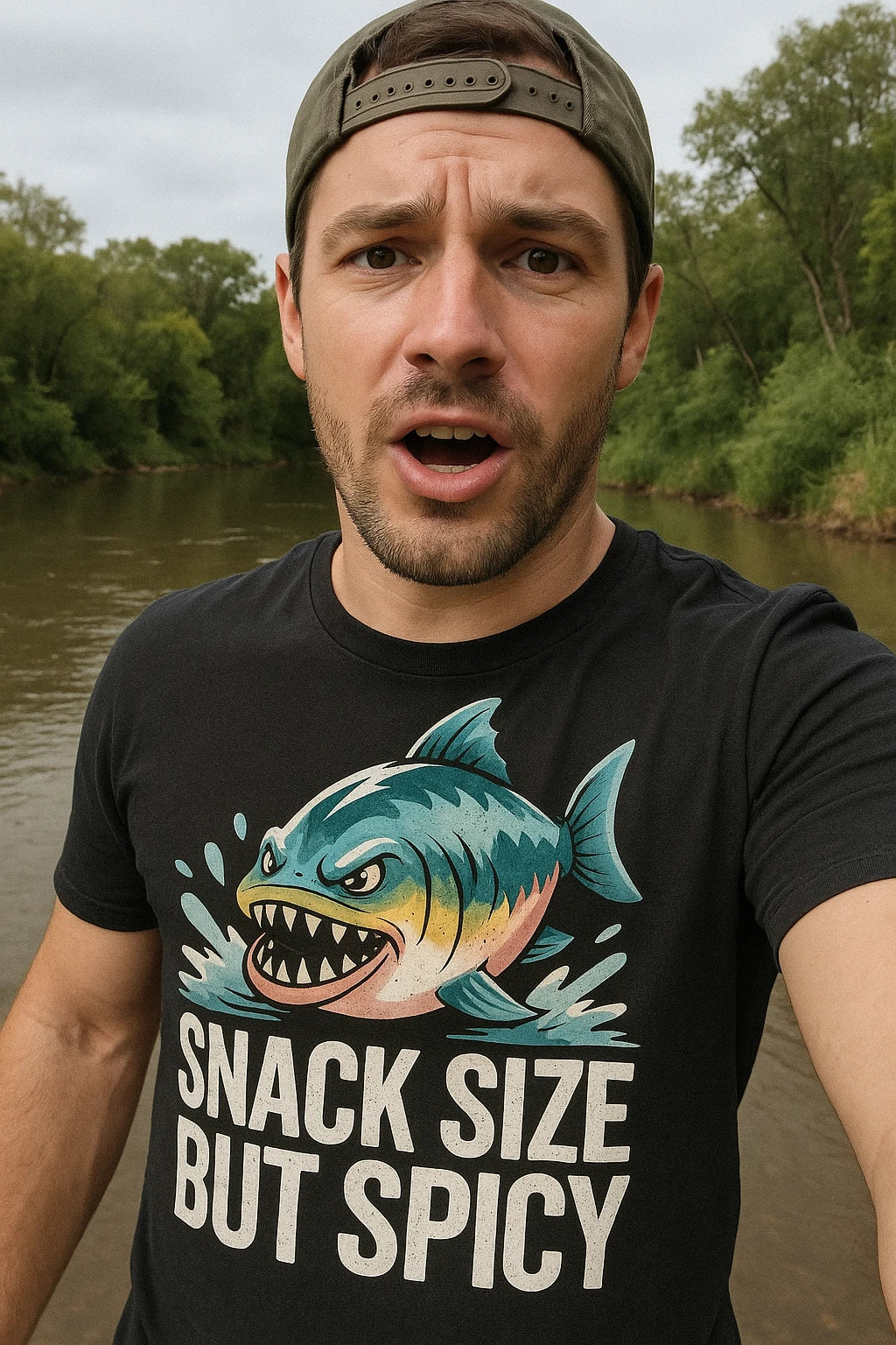 "Snack Size But Spicy" black single piranha head t shirt, photographed as piranha lover gift