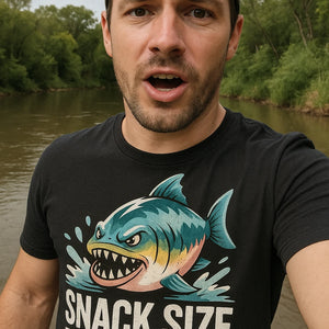 "Snack Size But Spicy" black single piranha head t shirt, photographed as piranha lover gift
