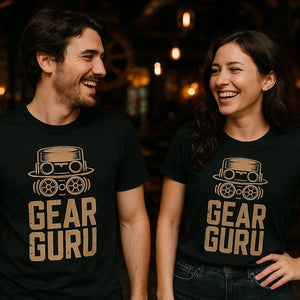 Person wearing the black steampunk shirts graphic tee - "Gear Guru" design