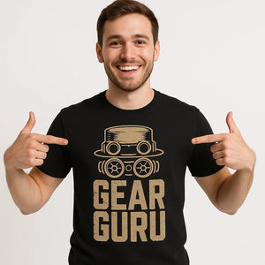Close-up of the "Gear Guru" tan print on a premium Bella+Canvas black steampunk shirts
