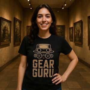 Lifestyle shot of the "Gear Guru" black steampunk shirts in a real-world setting