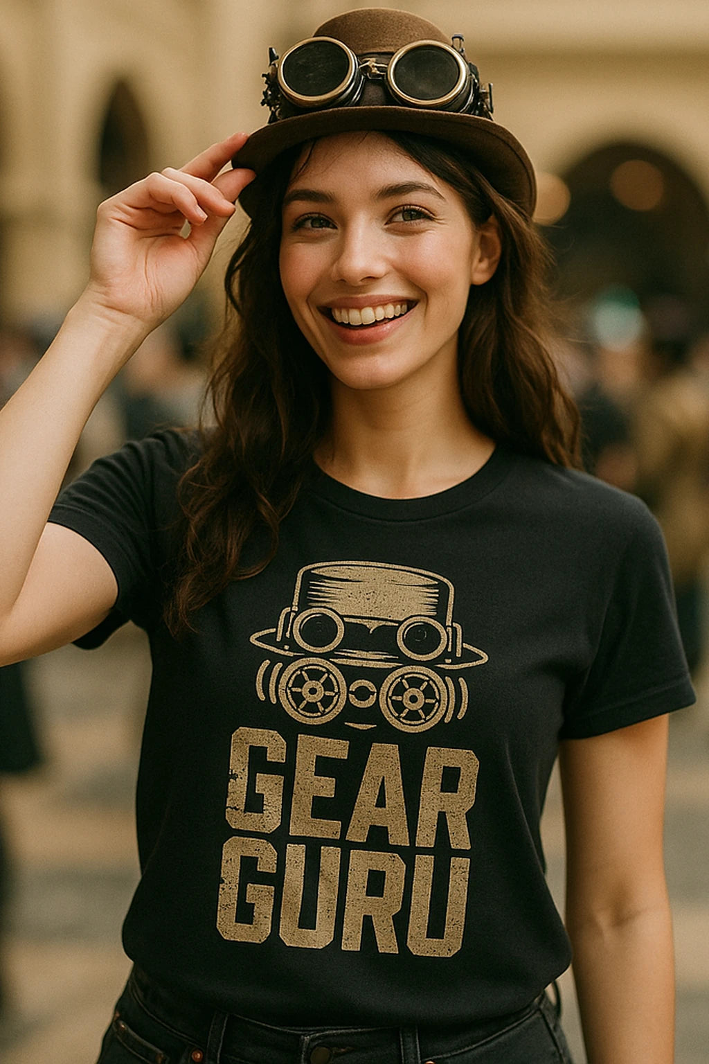 "Gear Guru" black steampunk shirts, photographed as steampunk lover gift