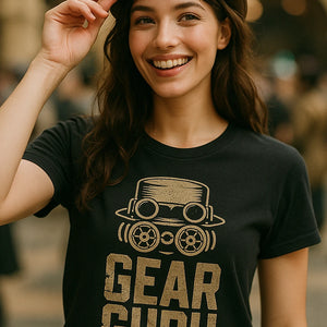 "Gear Guru" black steampunk shirts, photographed as steampunk lover gift