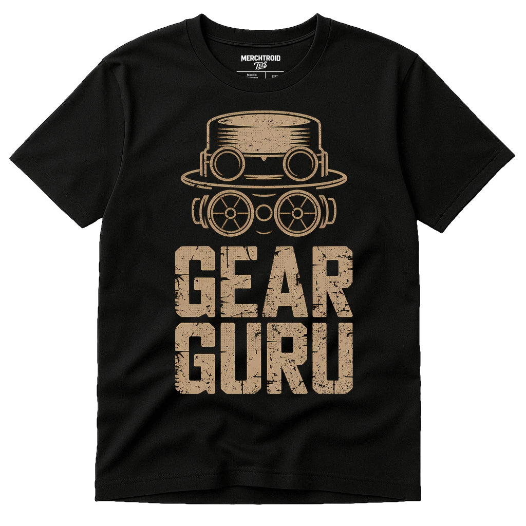 Black Steampunk Shirts - "Gear Guru" graphic tee with tan print, flat lay product photo