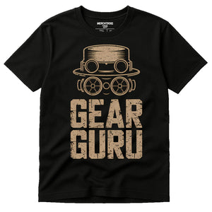 Black Steampunk Shirts - "Gear Guru" graphic tee with tan print, flat lay product photo