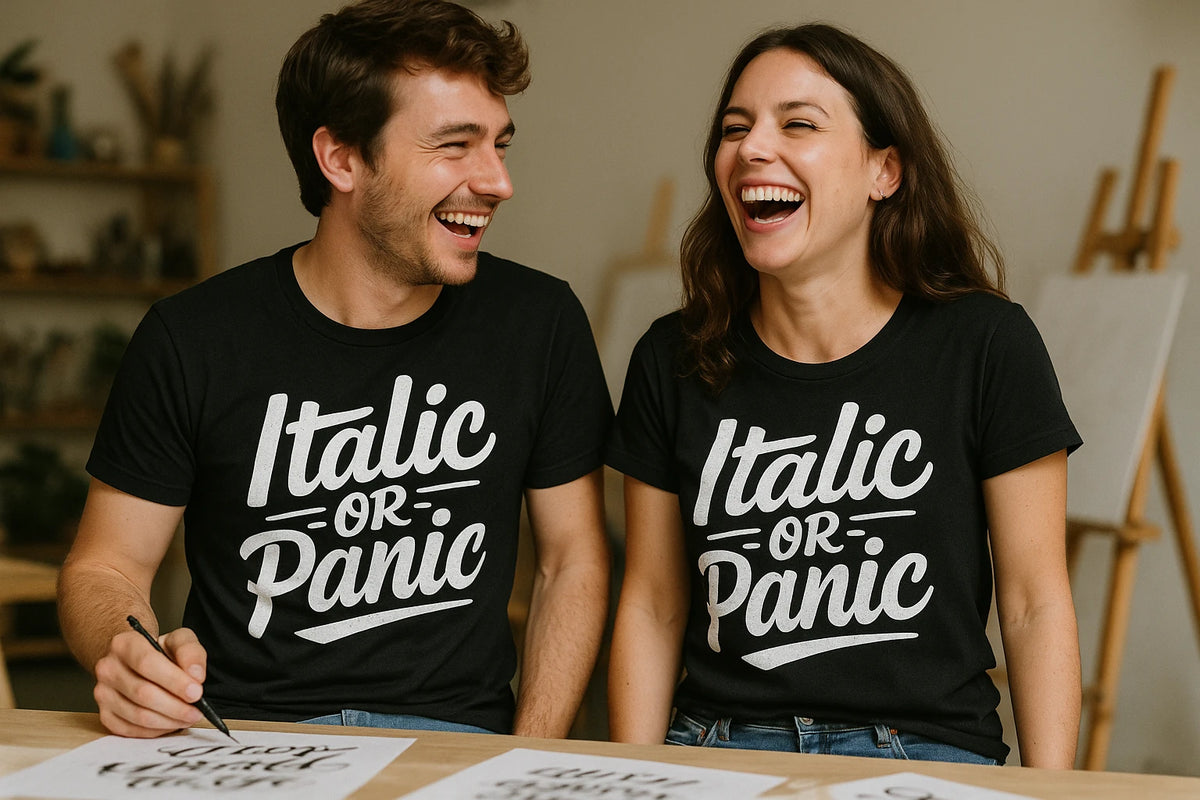 Person wearing the black calligraphy shirts graphic tee - "Italic Or Panic" design