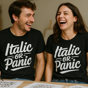 Person wearing the black calligraphy shirts graphic tee - "Italic Or Panic" design