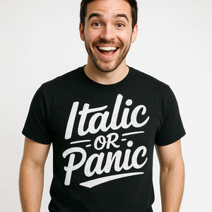 Close-up of the "Italic Or Panic" white print on a premium Bella+Canvas black calligraphy shirts