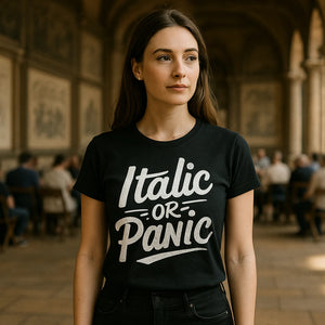 Lifestyle shot of the "Italic Or Panic" black calligraphy shirts in a real-world setting