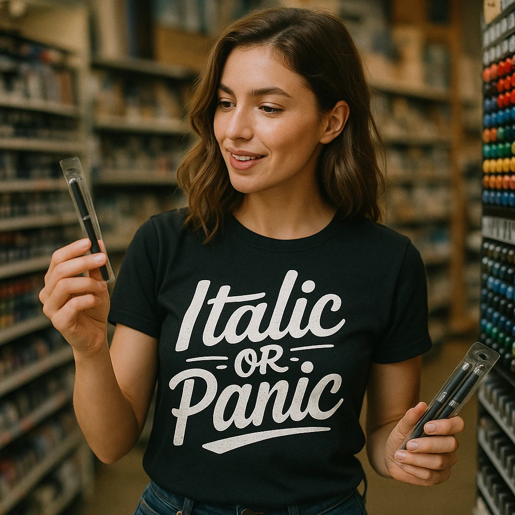 "Italic Or Panic" calligraphy shirts - product photo 9
