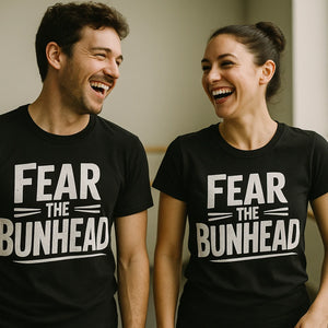 Person wearing the black graphic tee graphic tee - "Fear the Bunhead" design