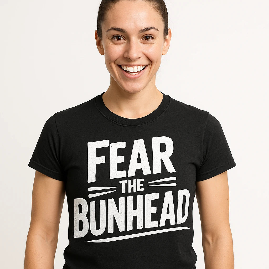 Close-up of the "Fear the Bunhead" white print on a premium Bella+Canvas black graphic tee