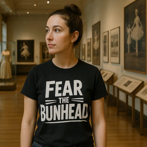 Lifestyle shot of the "Fear the Bunhead" black graphic tee in a real-world setting