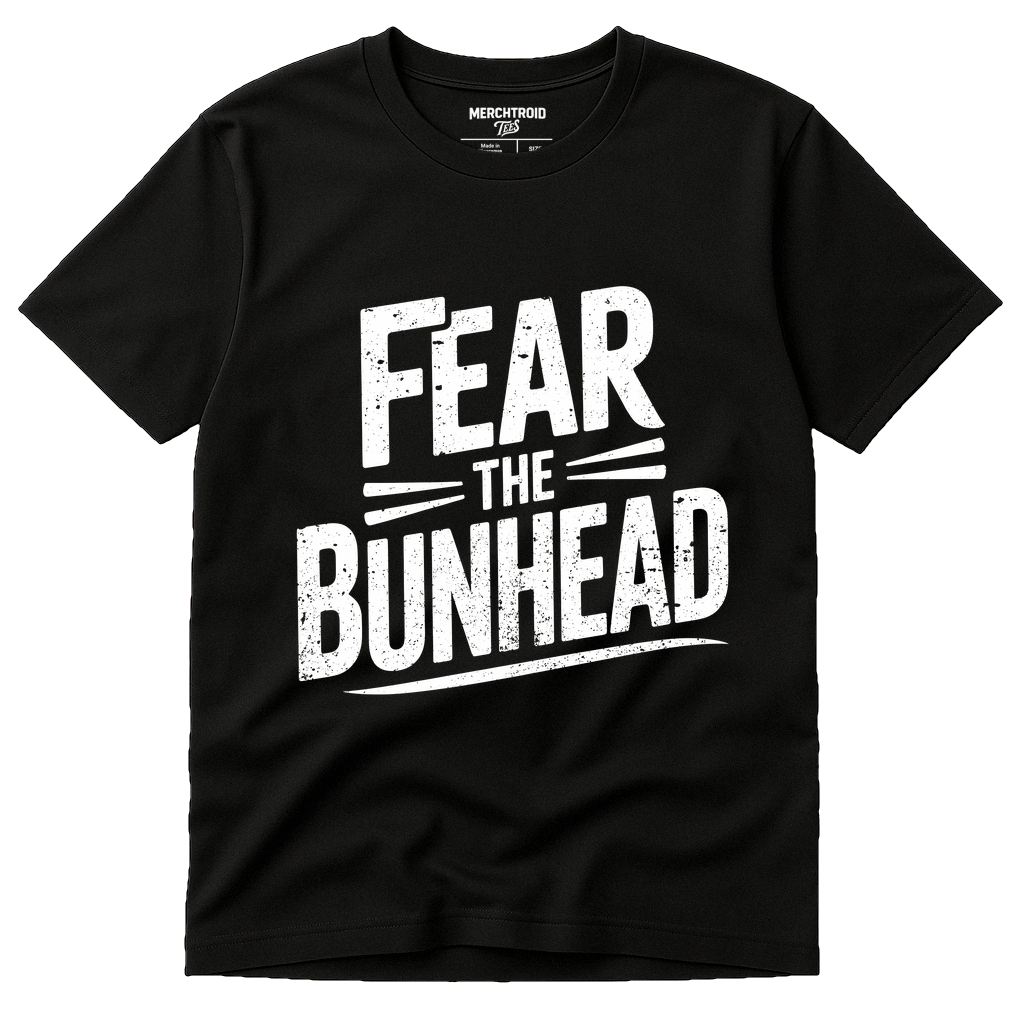 Black Graphic Tee - "Fear the Bunhead" graphic tee with white print, flat lay product photo