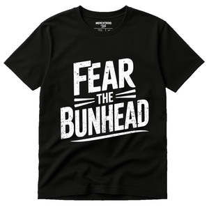 Black Graphic Tee - "Fear the Bunhead" graphic tee with white print, flat lay product photo