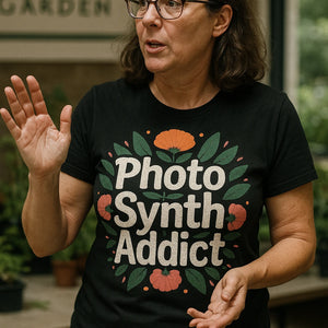 "Photo Synth Addict" black botany t shirt, photographed as gifts for botany lovers