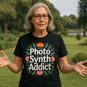 Lifestyle shot of the "Photo Synth Addict" black botany t shirt in a real-world setting