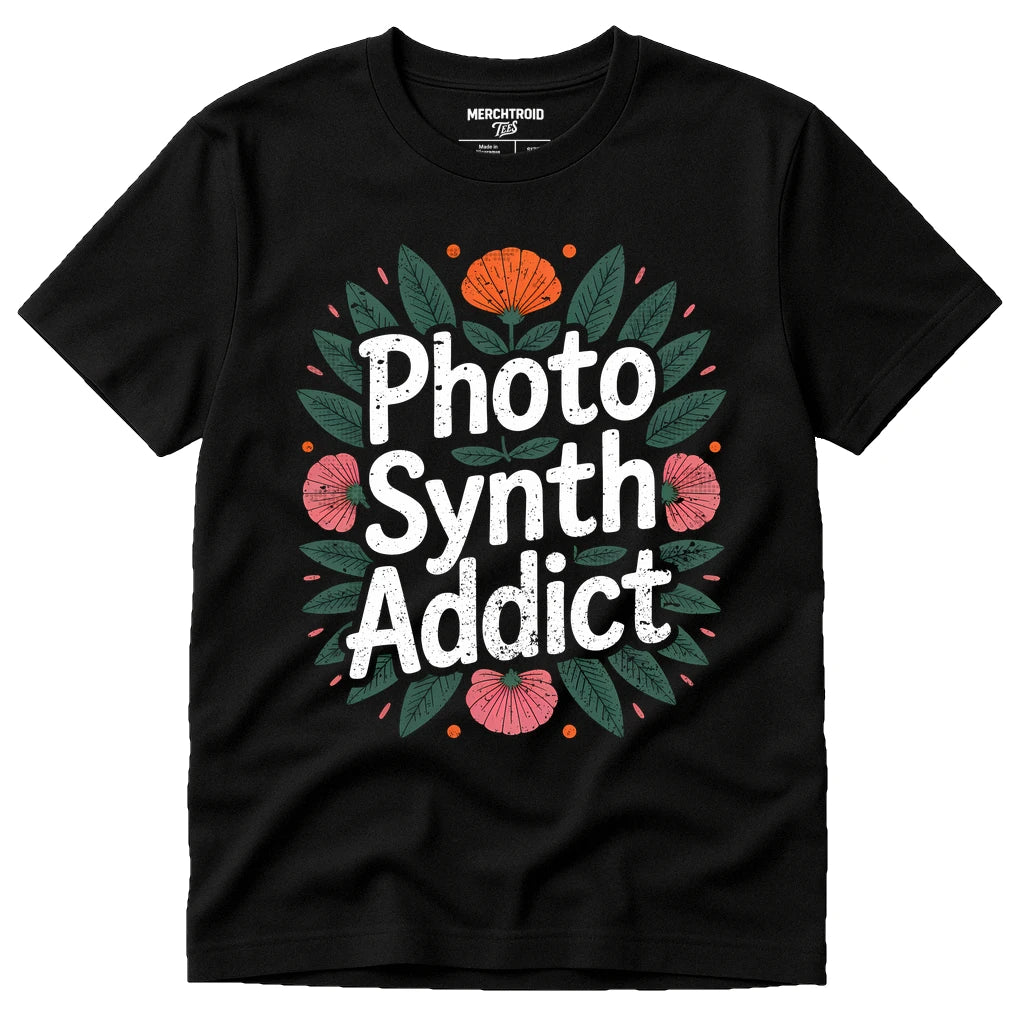 Black Botany T Shirt - "Photo Synth Addict" graphic tee with brown print, flat lay product photo