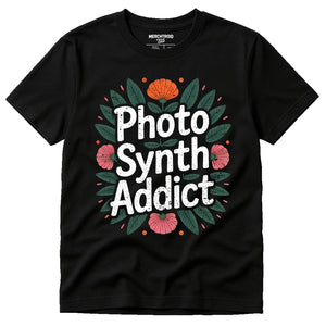 Black Botany T Shirt - "Photo Synth Addict" graphic tee with brown print, flat lay product photo